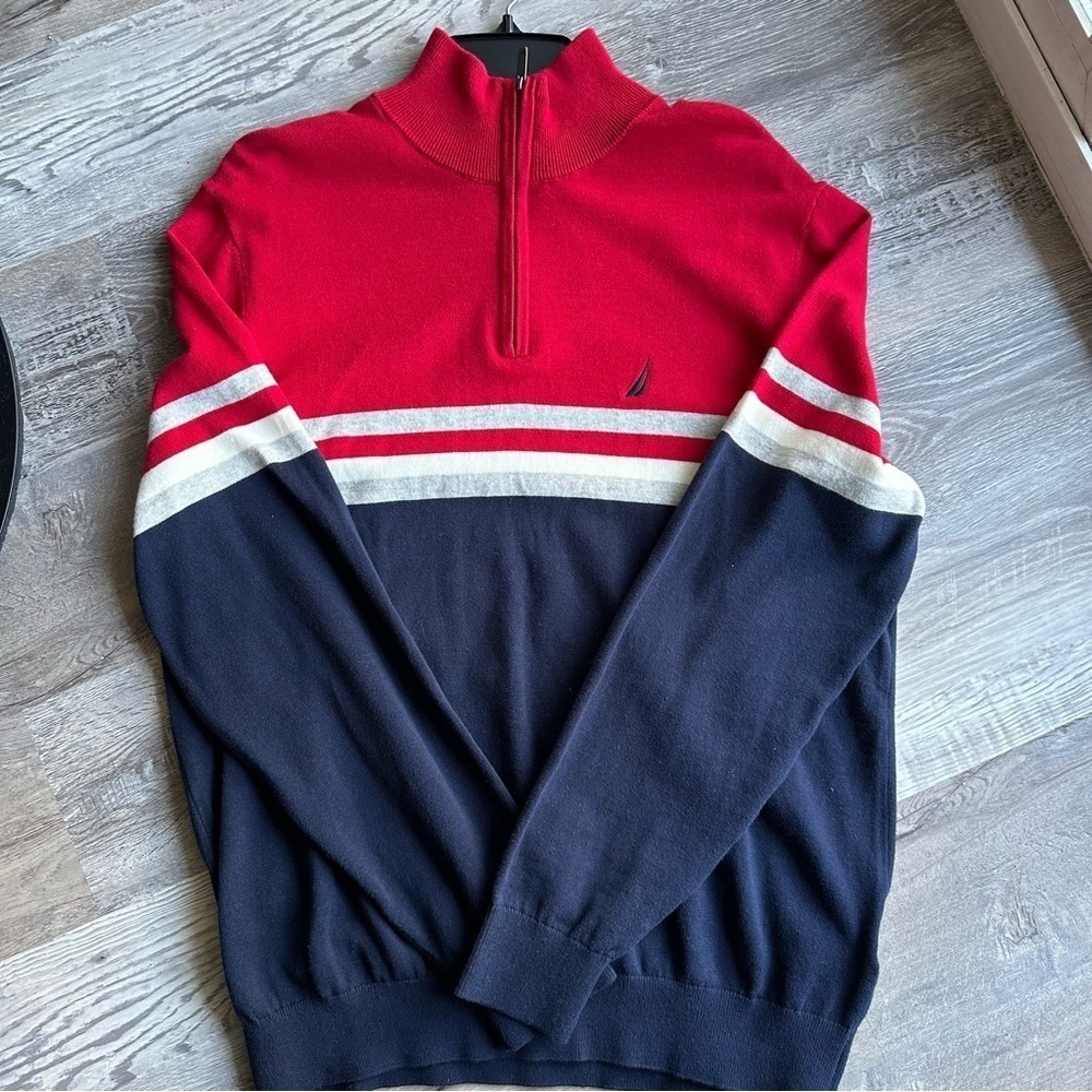 NWT Nautica men’s navy blue and red cotton half zip sweater in size large